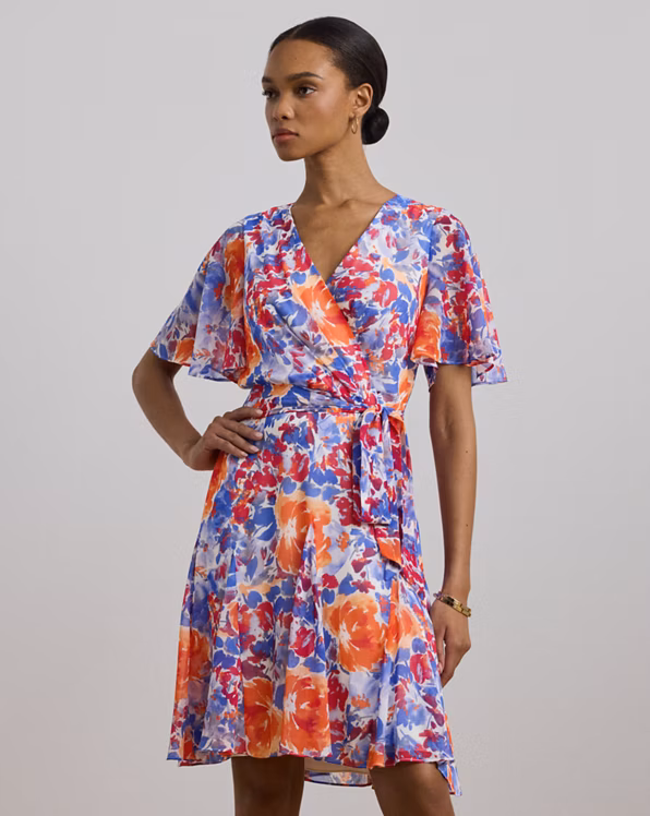 Floral Crinkle Georgette Surplice Dress