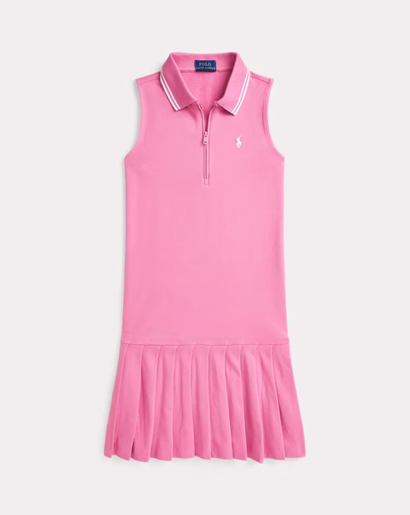 Pleated Stretch Mesh Polo Dress
