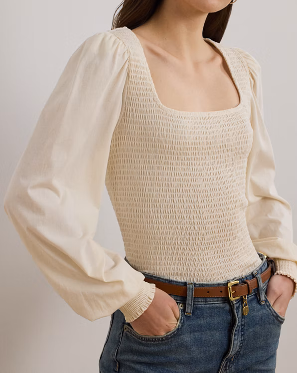 Smocked Jersey Blouson-Sleeve Top