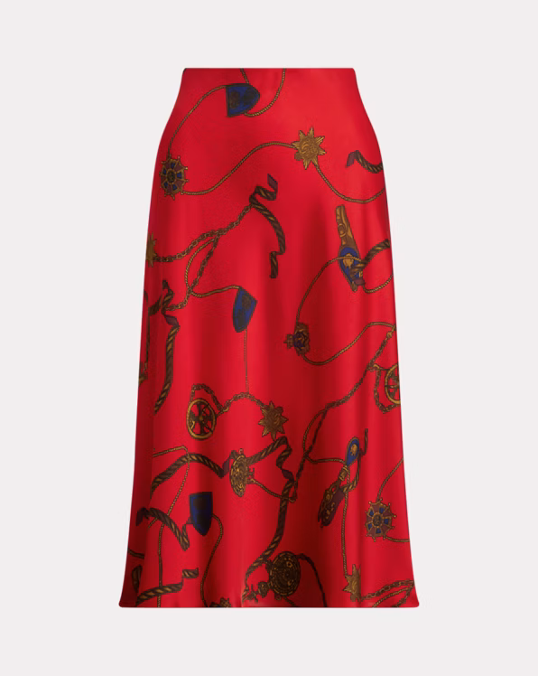 Belting-Print Satin Charmeuse Midi Skirt