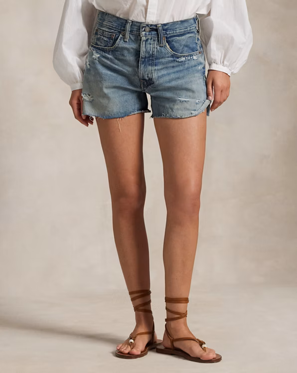 Distressed-Hem Denim Short