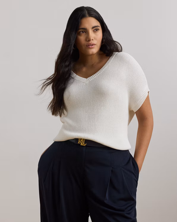 Rib-Knit Short-Sleeve V-Neck Jumper