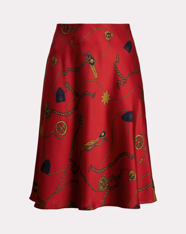Belting-Print Satin Charmeuse Midi Skirt