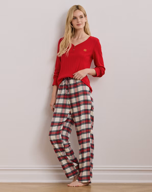 Plaid Cotton-Blend Henley Pyjama Set