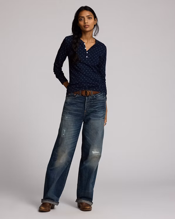 Indigo Floral Cotton-Linen Henley