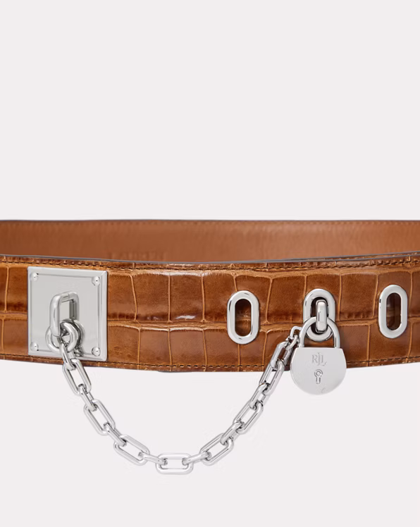 Croc-Embossed Chain Padlock Wide Belt