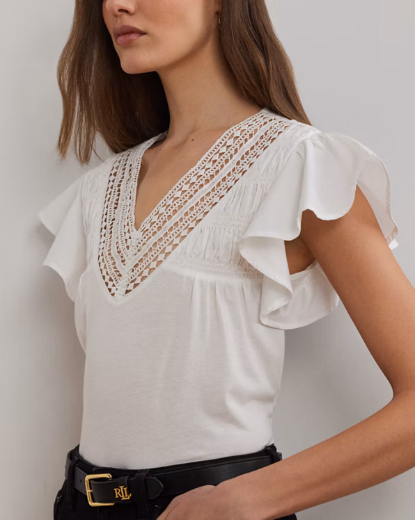 Lace-Trim Jersey Flutter-Sleeve T-Shirt