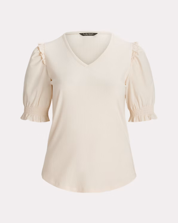 Rib-Knit Cotton-Blend Puff-Sleeve Top