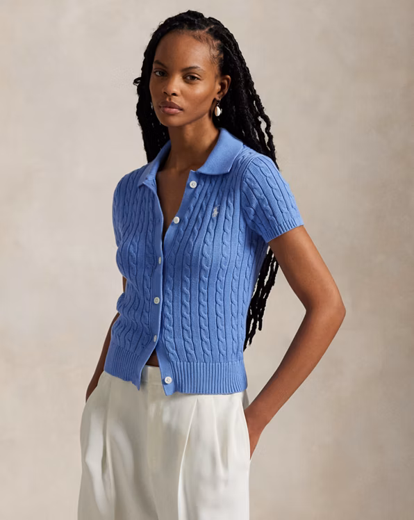 Cable Cotton Short-Sleeve Polo Cardigan