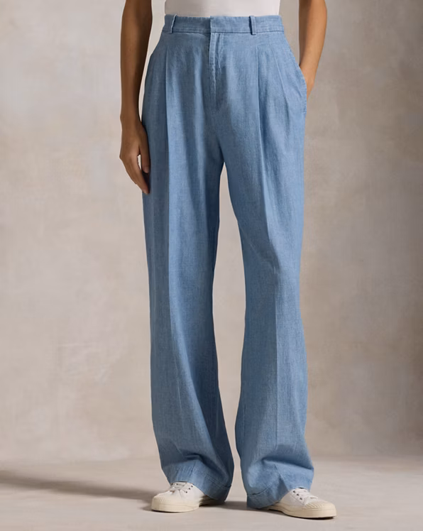 Cotton Chambray Wide-Leg Trouser