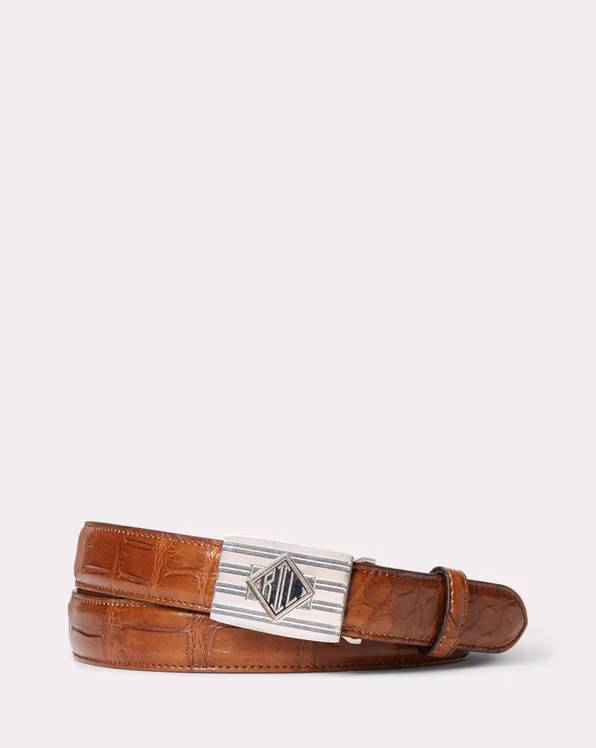 Monogram-Buckle Burnished Alligator Belt
