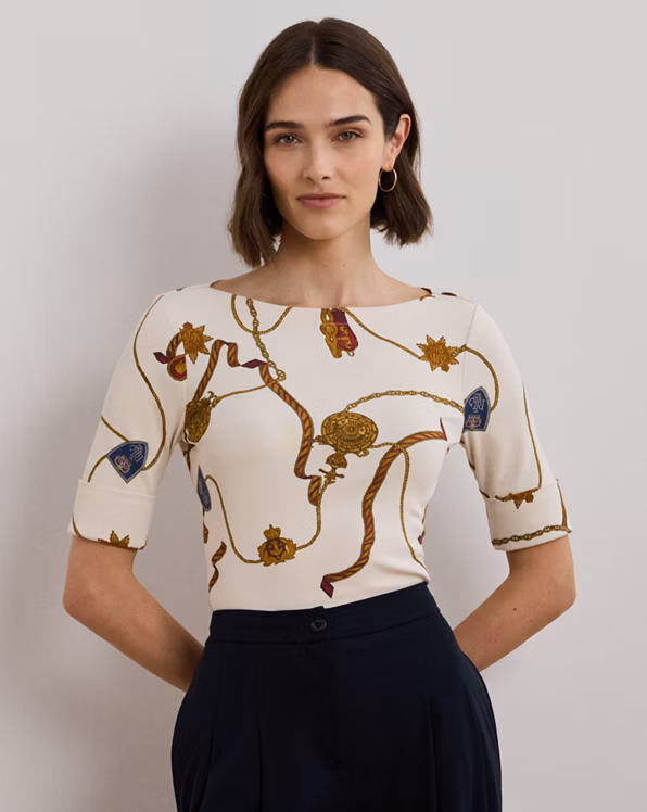 Print Stretch Cotton Boatneck T-Shirt