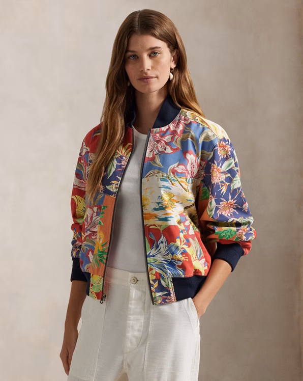 Tropical-Floral Twill Bomber Jacket