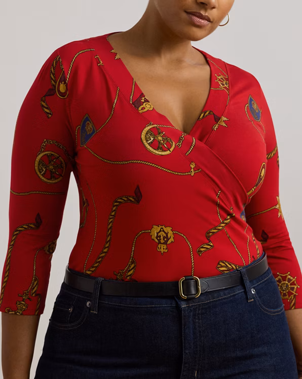 Belting-Print Jersey Surplice Top