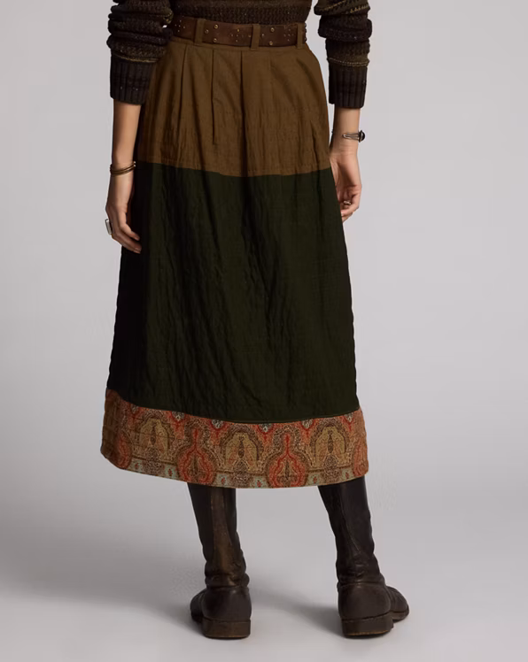 Mixed-Panel Quilted Cotton-Linen Skirt