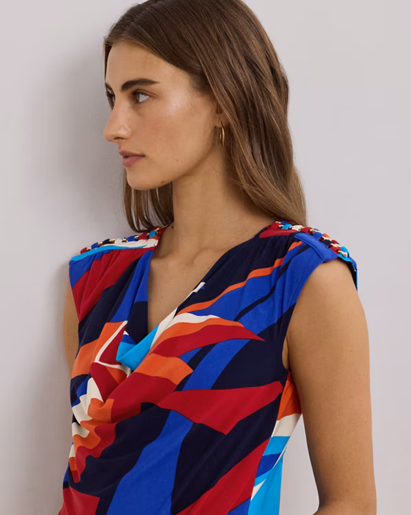 Print Jersey Sleeveless Cowlneck Top