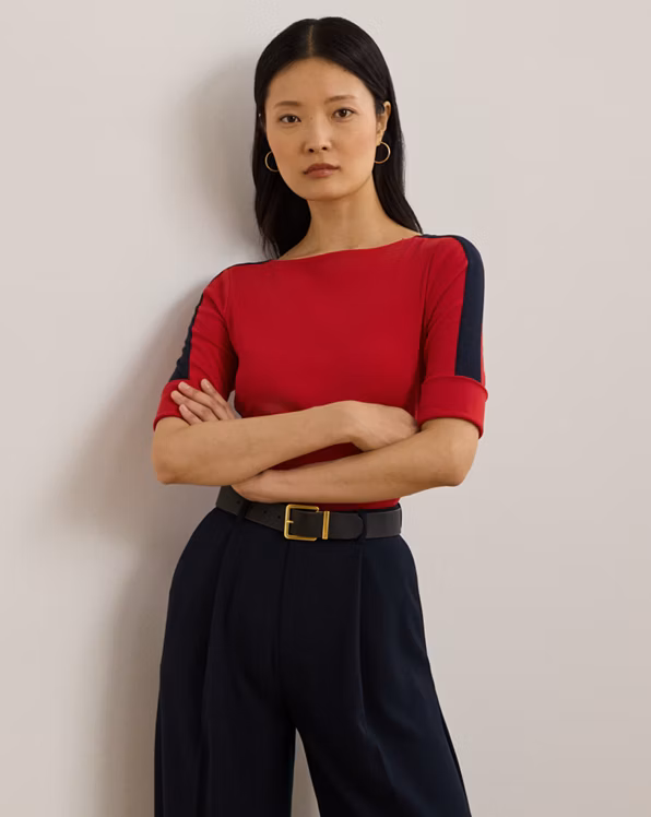 Two-Tone Stretch Cotton Elbow-Sleeve Tee