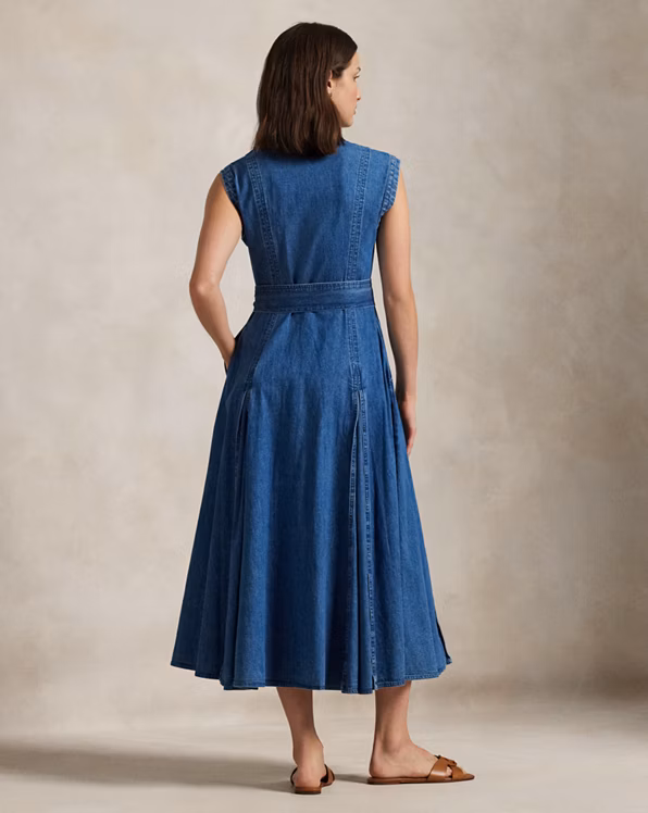 Belted Denim Sleeveless A-Line Dress