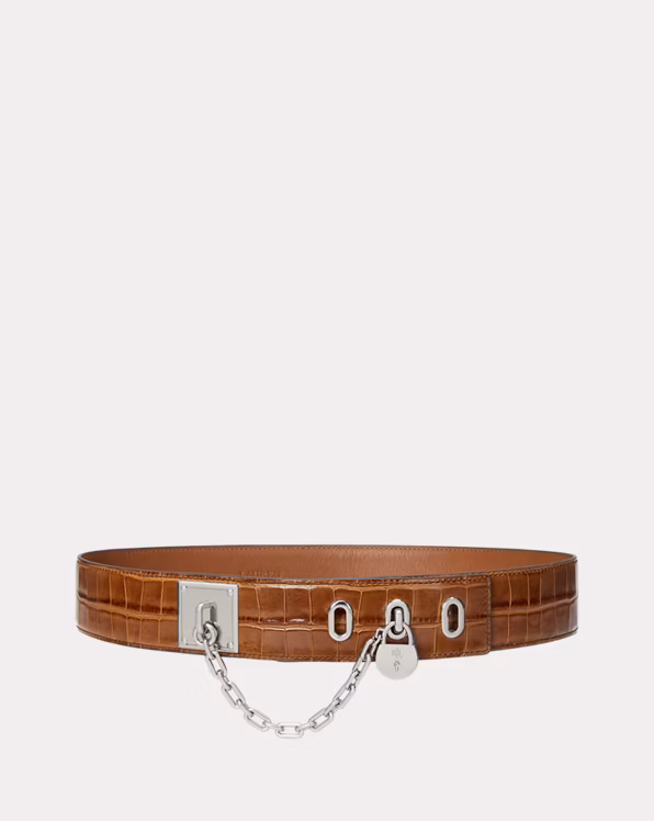 Croc-Embossed Chain Padlock Wide Belt