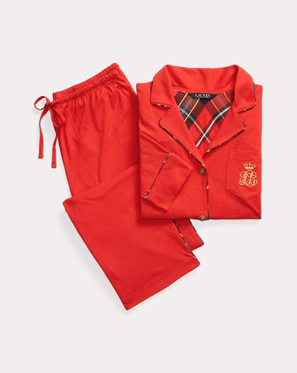 Plaid-Trim Jersey Sleep Set