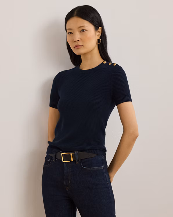 Button-Trim Cotton Short-Sleeve Jumper