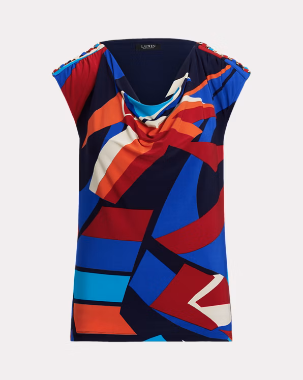 Print Jersey Sleeveless Cowlneck Top