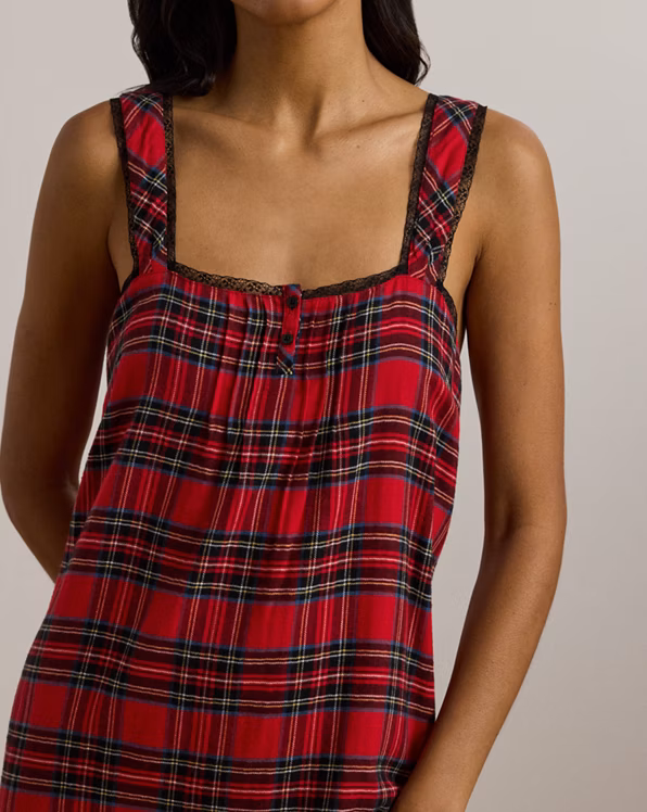 Plaid Lace-Trim Brushed Twill Nightgown