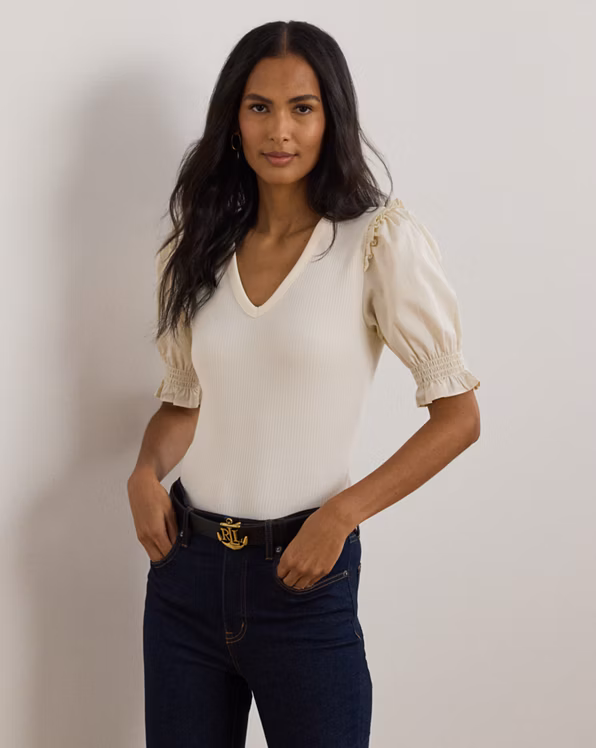 Rib-Knit Cotton-Blend Puff-Sleeve Top