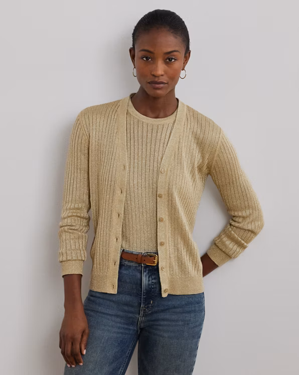 Metallic Linen-Blend Rib-Knit Cardigan