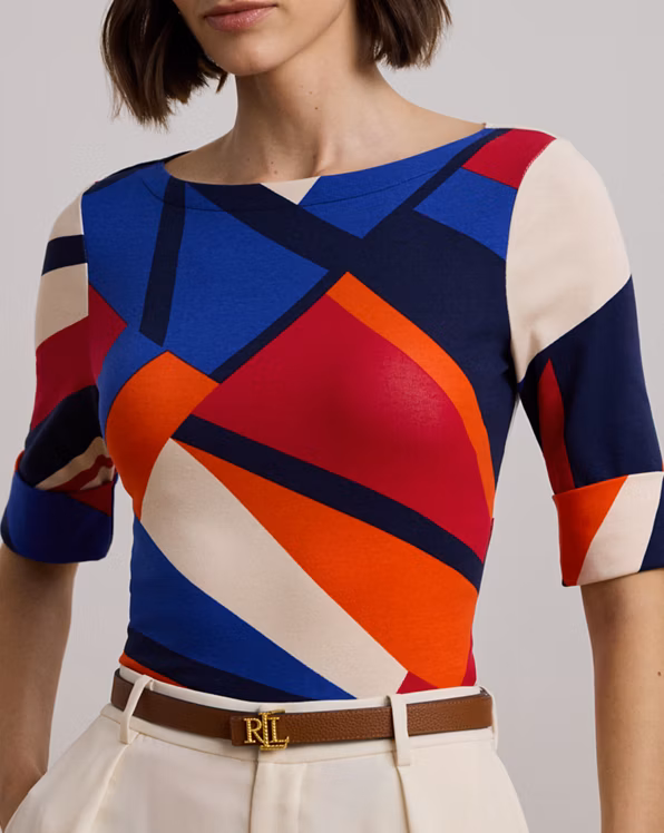 Print Stretch Cotton Boatneck T-Shirt