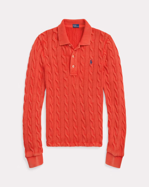 Cable-Knit Cotton Long-Sleeve Polo Shirt