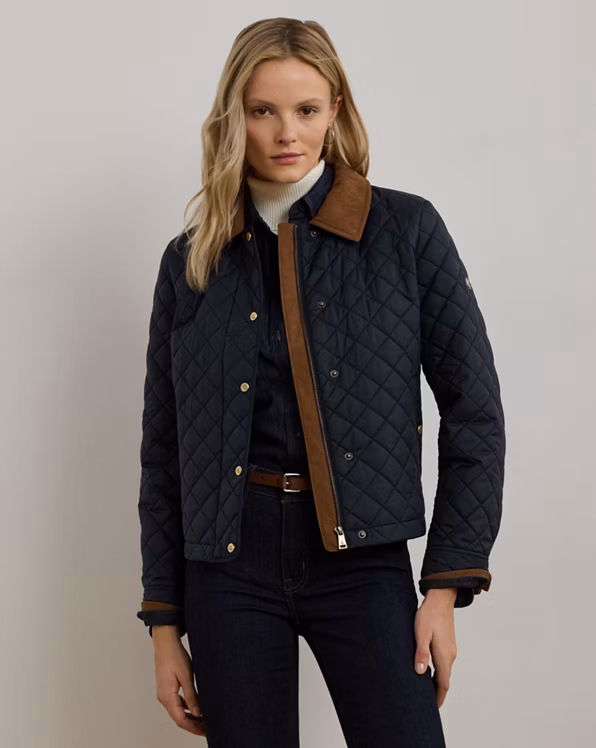 Corduroy-Trim Diamond-Quilted Jacket