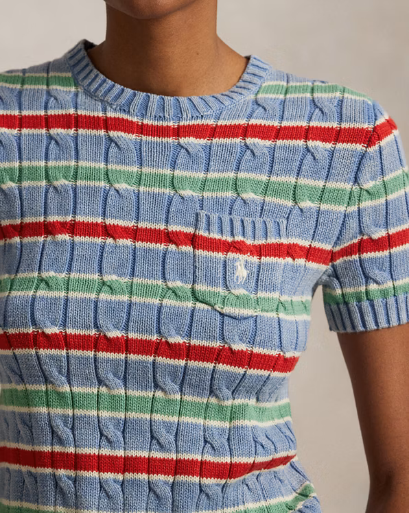 Striped Cable-Knit Short-Sleeve Jumper