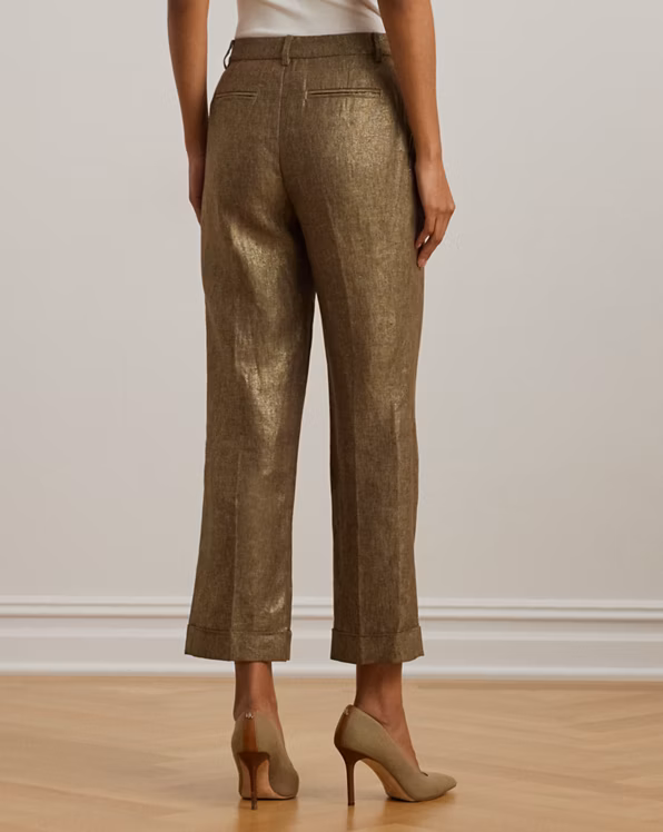 Pleated Metallic Linen Cropped Trouser
