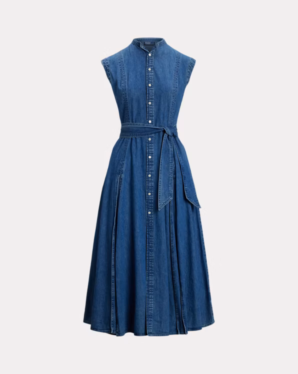 Belted Denim Sleeveless A-Line Dress