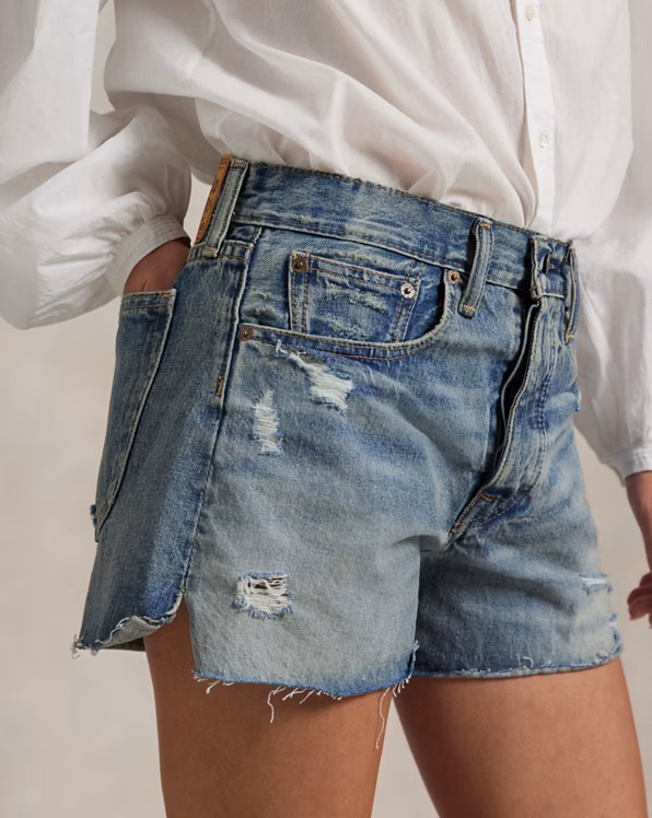 Distressed-Hem Denim Short