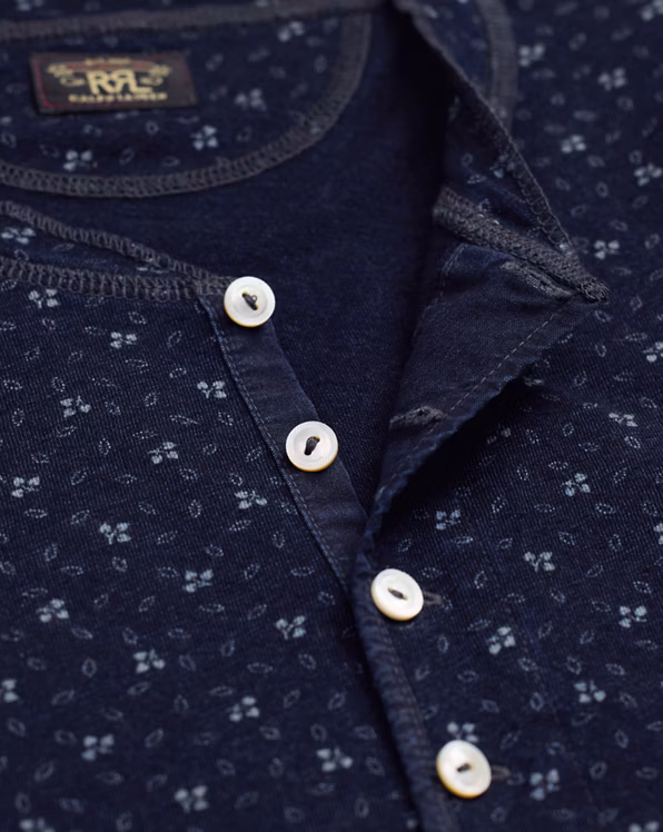 Indigo Floral Cotton-Linen Henley