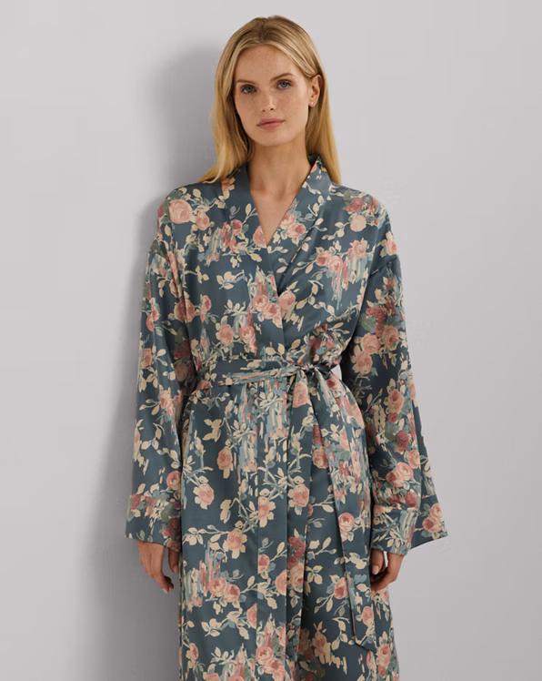 Floral Belted Satin Long Robe