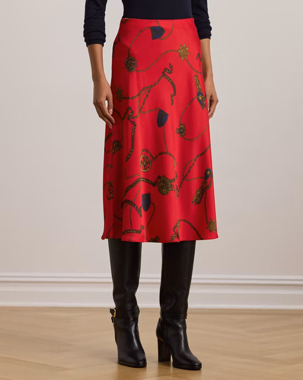 Belting-Print Satin Charmeuse Midi Skirt