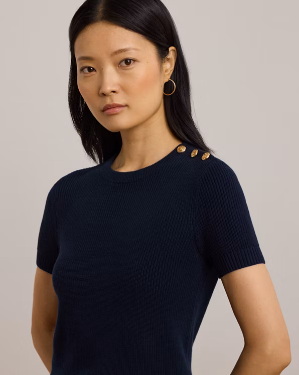 Button-Trim Cotton Short-Sleeve Jumper