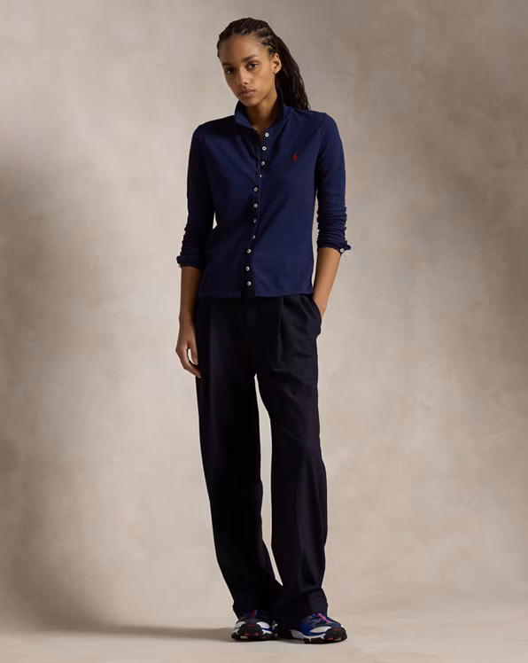 Buttoned-Placket Long-Sleeve Polo Shirt