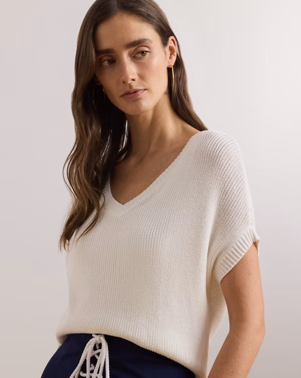Rib-Knit Short-Sleeve V-Neck Jumper
