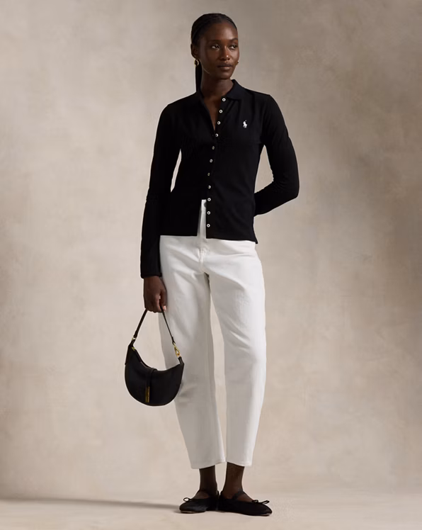 Buttoned-Placket Long-Sleeve Polo Shirt