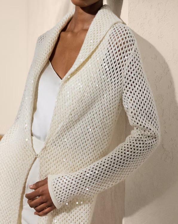 Embellished Cashmere Mesh Long Cardigan