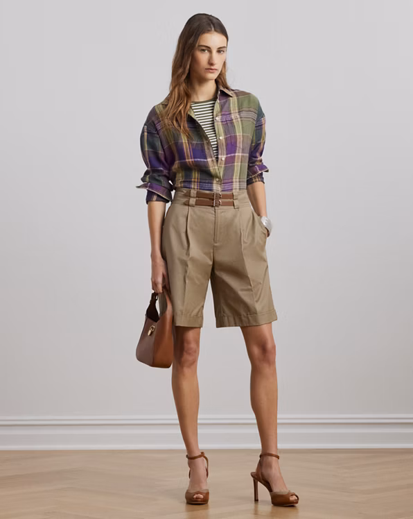 Buckle-Trim Pleated Cotton Twill Short