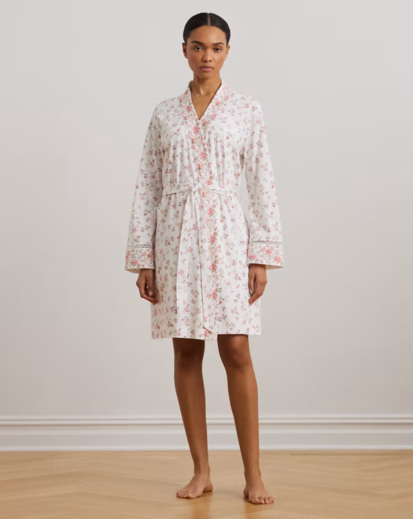 Lace-Trim Floral Cotton Jersey Robe