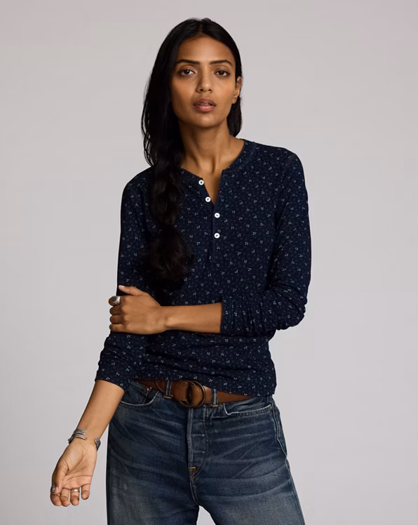 Indigo Floral Cotton-Linen Henley