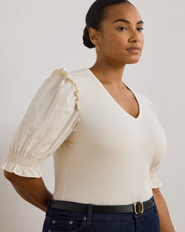 Rib-Knit Cotton-Blend Puff-Sleeve Top