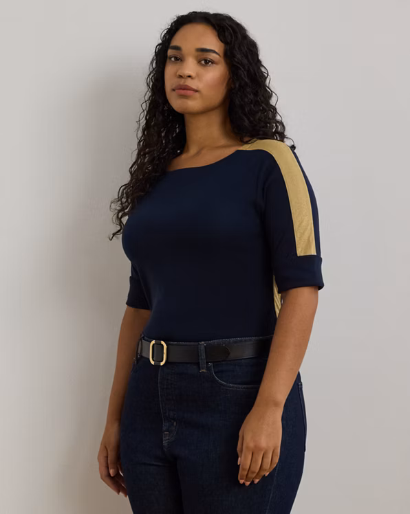 Two-Tone Stretch Cotton Elbow-Sleeve Tee