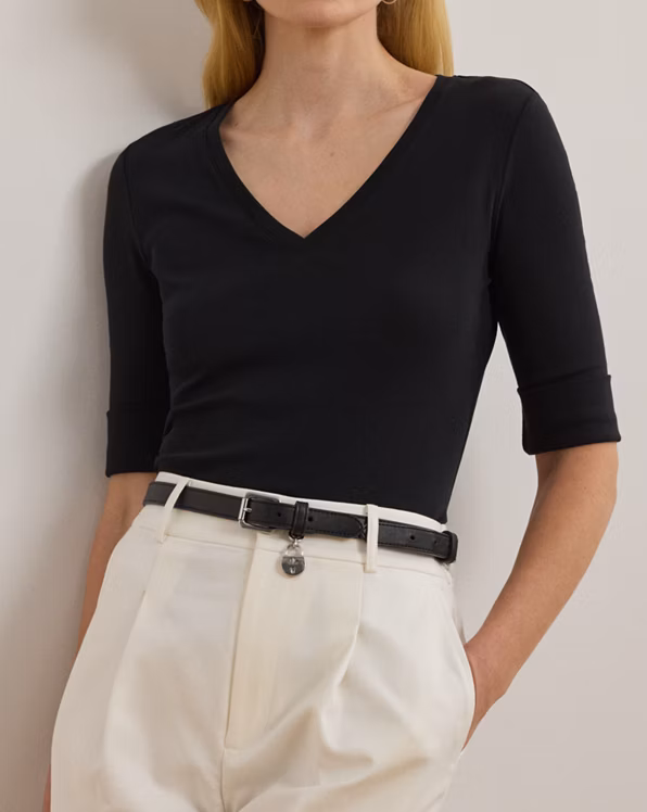 Stretch Cotton Elbow-Sleeve V-Neck Tee